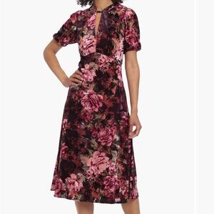 Maggy London Floral Print Puff Sleeve Midi Dress in Raisin/Wine/Olive NWT